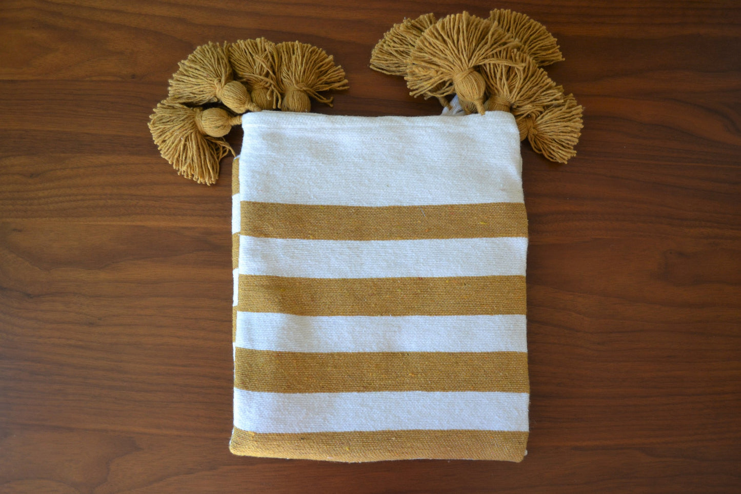 Moroccan Pom Pom Wool Blanket (Mustard Stripes)